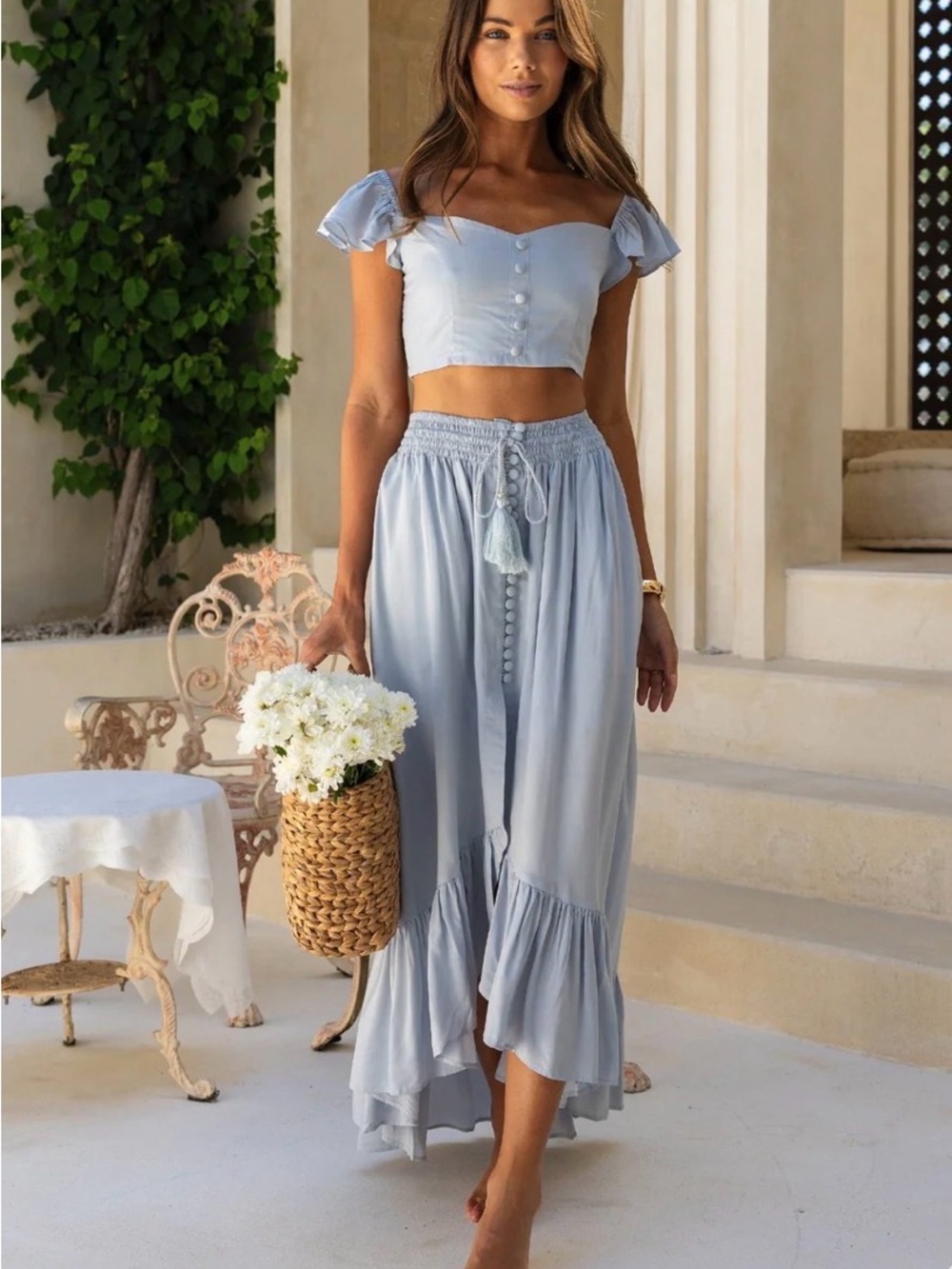 Light Blue Smocked-Waist Maxi Skirt and Cropped Top Set